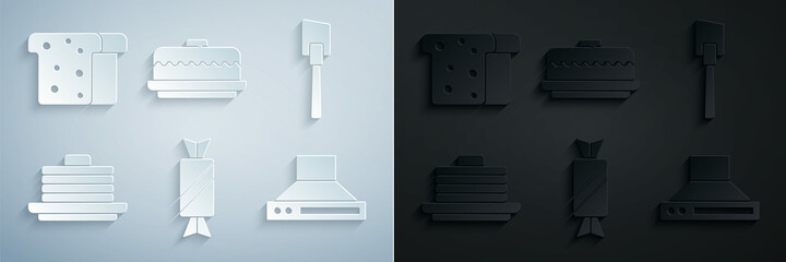 Set Candy, Spatula, Stack of pancakes, Kitchen extractor fan, Cake and Bread toast icon. Vector