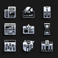 Set Identification badge, Bull and bear of stock market, Bank building, Old hourglass, Bitcoin browser, Trading courses, Mobile trading and Business finance report icon. Vector