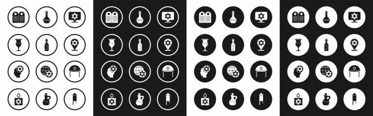 Set Star of David, Jewish wine bottle, goblet, Tombstone with star david, kippah and Orthodox jewish hat icon. Vector