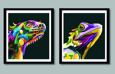 new collection iguana pop art portrait in frame