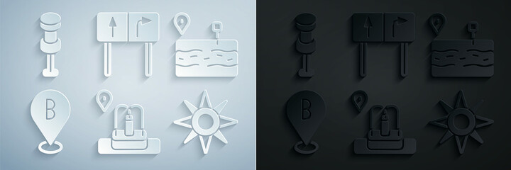 Set Location with fountain, Broken road, Wind rose, Road traffic sign and Push pin icon. Vector