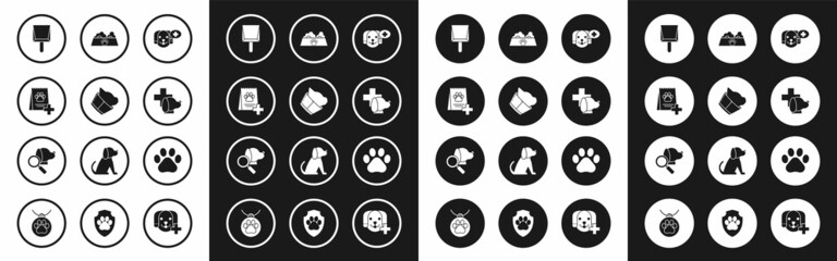 Set Veterinary clinic symbol, Bag of food for dog, Dustpan, Pet bowl cat, Paw print and icon. Vector