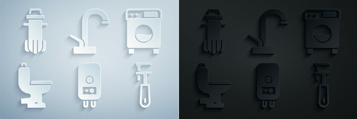 Set Electric boiler, Washer, Toilet bowl, Pipe adjustable wrench, Water tap and filter icon. Vector
