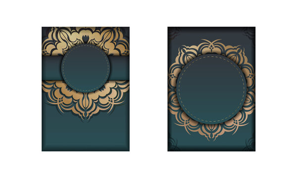 Green color gradient flyer with gold mandala ornament for your design.