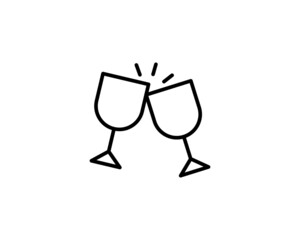 Cheers. Two wineglass with wine, champagne clip clop clattering. Holiday celebration, romantic date, dinner. Simple doodle illustration in cartoon outline style. Concept of online communication