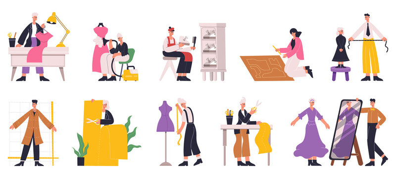 Dressmaker sewing, designer tailoring, characters working in clothes industry. Tailor, seamstress at work vector illustration set. Clothing designer characters