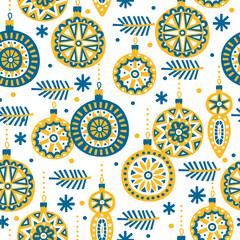 Vector christmas seamless pattern with Christmas tree decorations. Xmas toys illustration. New year backdrdrop. Festive wrapping paper, wallpaper design.
