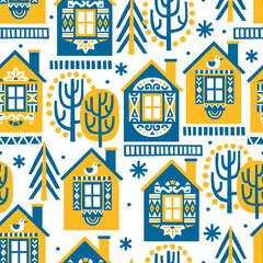 Vector illustation Seamless pattern Winter houses, trees and snowflakes. Great for fabric, textile, wrapping paper. Vector Illustration