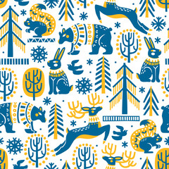 Seamless vector pattern with cute woodland animals, woods and snowflakes. Great for fabric, textile, wrapping paper. Vector Illustration