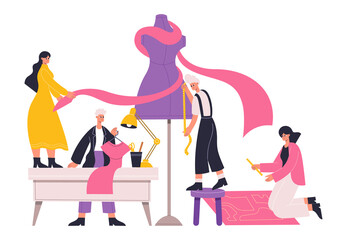 Atelier seamstress, tailors, fashion designers work with tailors mannequin. Clothing designers at work, tailoring and dressmaking process vector illustration. Sewing workshop