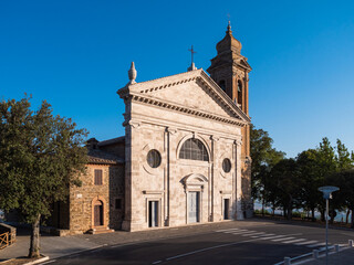Fototapeta na wymiar Madonna or Santa Maria del Soccorso Church in Montalcino, Tuscany, Italy with Facade and Belltower