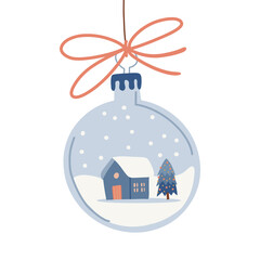 Transparent Silver Christmas Balls with Festive Scene inside. Cozy house with fir on a snowy landscape. Hanging xmas bauble with bow. Hand drawn Flat vector illustration.