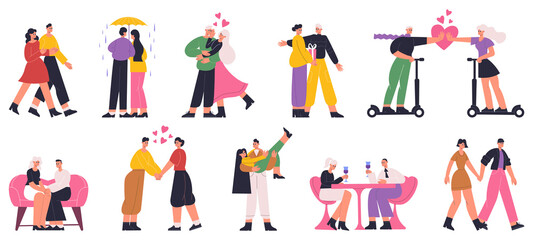 Romantic couples, happy man and woman dating, walking, hugging. Couples in love, dating, walking, hugging vector flat illustration set. Happy romantic couples