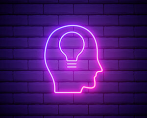 Glowing neon line Human head with lamp bulb icon isolated on brick wall background. Vector Illustration