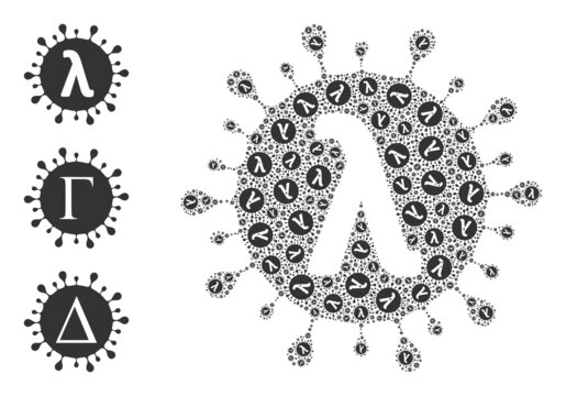 Itself Fractal Collage Lambda Covid Virus. Vector Lambda Covid Virus Collage Is Formed Of Scattered Itself Lambda Covid Virus Pictograms. Flat Illustration.