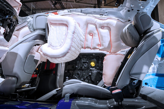 Airbags deployed in a modern Mercedes-Benz car in a safety demonstration at the IAA Mobility 2021 motor show in Munich, Germany - September 6, 2021.
