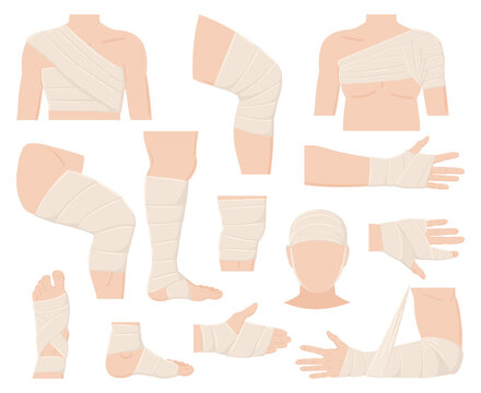 Cartoon physical injured body parts in bandage applications. Bandaged human body parts, protected wounds, fractures and cuts vector illustration set. Medical bandages