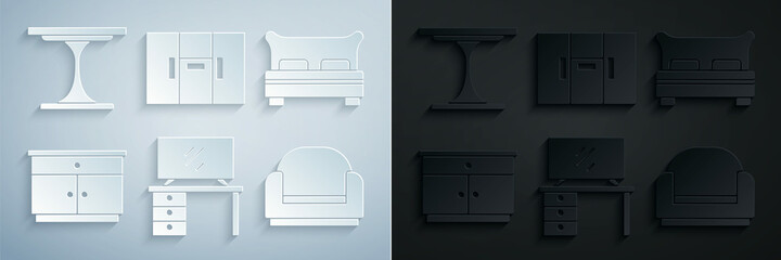 Set TV table stand, Big bed, Furniture nightstand, Armchair, Wardrobe and Round icon. Vector