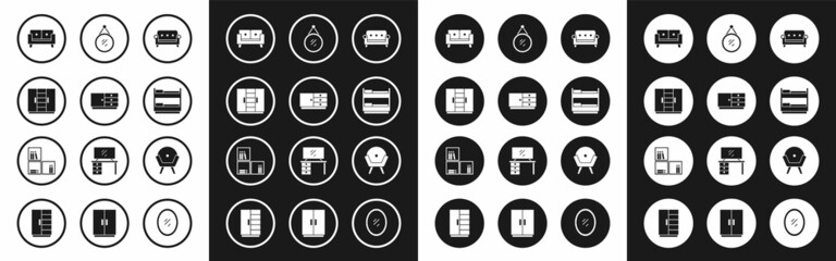Set Sofa, Chest drawers, Wardrobe, Bunk bed, Mirror, Armchair and Shelf with books icon. Vector