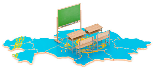 Fototapeta premium Education in Kazakhstan, concept. School desks and blackboard on Kazakhstan map. 3D rendering