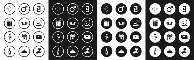 Set Please do not disturb with heart, Two coffee cup and, Gift box, Bow arrow, blanks photo frames hearts, Male gender symbol, Envelope Valentine and Signpost icon. Vector