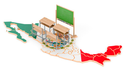 Education in Mexico, concept. School desks and blackboard on Mexico map. 3D rendering