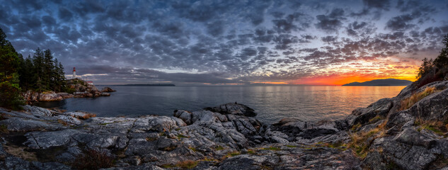 Panoramic view of a Lighthouse Park on a rocky coast during a dramatic cloudy sunset. Horseshoe Bay, West Vancouver, British Columbia, Canada. Nature Background © edb3_16