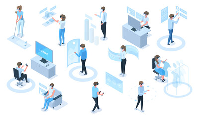 Isometric people in headsets use virtual reality simulators. Characters in vr glasses playing, learning, working vector illustration set. Virtual augmented reality activities