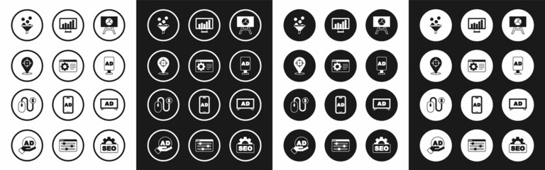 Set Board with graph chart, Browser setting, Target, Lead management, Advertising, Monitor, and icon. Vector