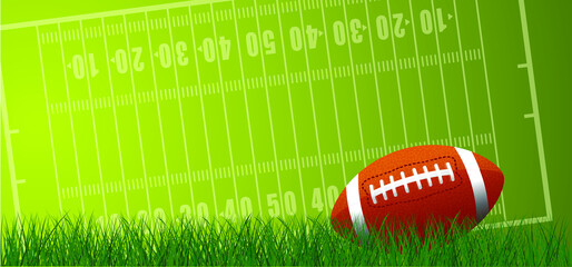 American football on green grass field. Sport team game cup. Rugby ball day. Funny super bowl weekend party. USA, sport finale, school games or on street. Vector template background sign.  - obrazy, fototapety, plakaty