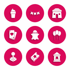 Set Ghost, Ticket, box office, Balloons with ribbon, Joystick for arcade machine, Playing card, Circus tent and Ice cream waffle cone icon. Vector