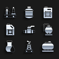Set Metallic pipes and valve, Oil rig, tank storage, petrol test tube, Canister for motor oil, and platform in the sea icon. Vector