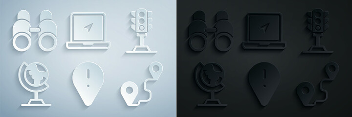 Fototapeta premium Set Location with exclamation mark, Traffic light, Earth globe, Route location, Laptop marker and Binoculars icon. Vector