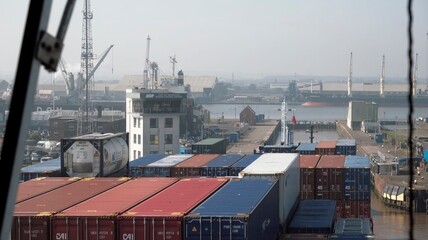 Container ship while entering the lock