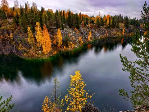 Beautiful river view at golden autumn in Karelia Ruskeala Russia
