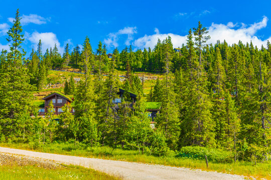 Beautiful panorama cottages huts mountains Kvitfjell Ski area Fåvang Norway.