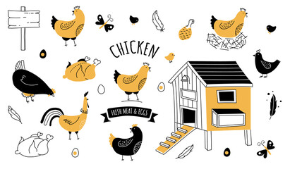 chicken farm organic eggs and meat icon set - 461780731