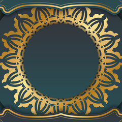 Greeting card with gradient green color with abstract gold ornament for your design.