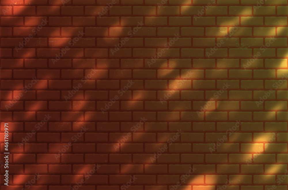 Poster red brick wall with transparent shadow of foliage silhouette. realistic vector illustraction. abstra