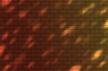 Red Brick Wall with Transparent Shadow of Foliage Silhouette. Realistic Vector Illustraction. Abstract Background