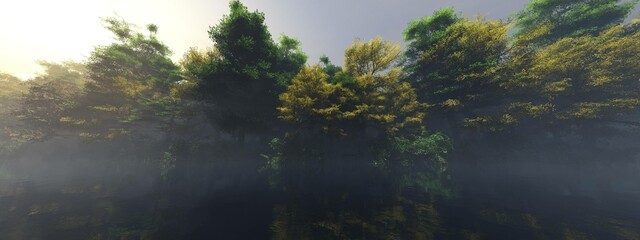 Morning on the river, autumn over the lake, forest over water, autumn park, autumn lake, 3D rendering
