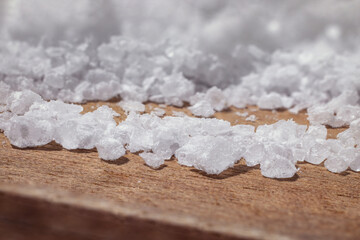 A close-up macro shot of coarse salt.