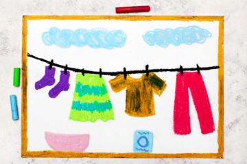 Colorful drawing: Clothes hanging on a clothesline outdoor