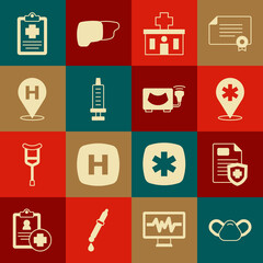 Set Medical protective mask, Patient record, Location hospital, Hospital building, Syringe, and Ultrasound icon. Vector
