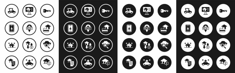 Set House key, Location, Online real estate, Car with shield, Credit card, sharing and Real icon. Vector