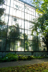 Bench in front of hazy windows Botanical Garden