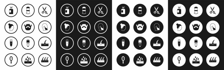 Set Scissors hairdresser, Mustache and beard, Hairstyle for men, Bottle of shampoo, Shaving brush, Human follicle and clipper icon. Vector