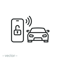 car key in smartphone icon, using smart lock application, automatic locking or open door in vehicle, phone nfc technology, close auto, thin line symbol on white background - editable stroke vector - obrazy, fototapety, plakaty