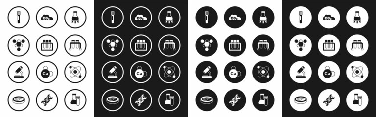 Fototapeta premium Set Test tube, Molecule, CO2 emissions in cloud, Atom and Microscope icon. Vector