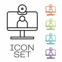 Black line Video chat conference icon isolated on white background. Computer with video chat interface active session on screen. Set icons colorful. Vector Illustration